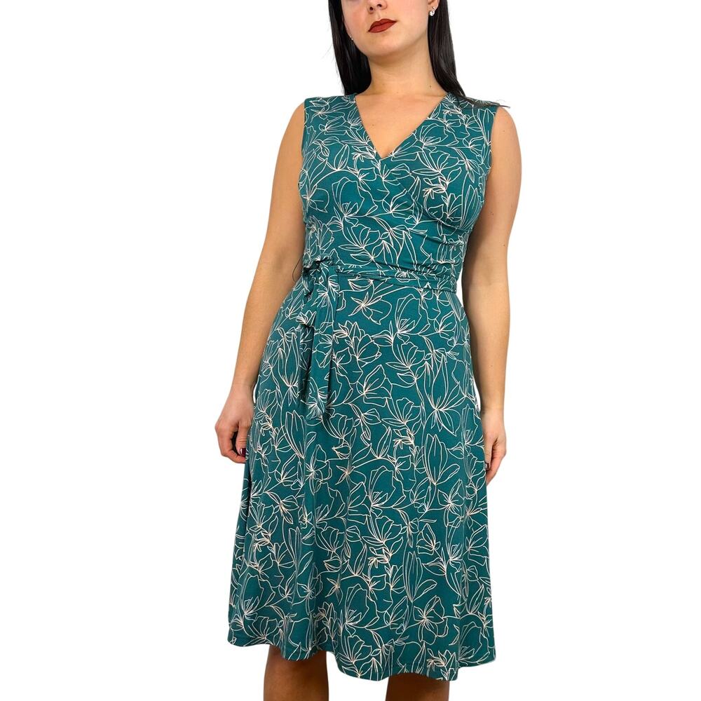Leota Green Floral Print Midi V-Neck Wrap Dress